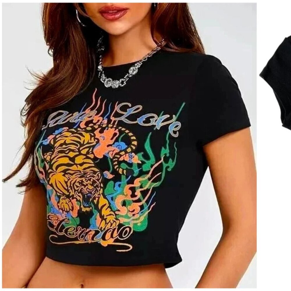 Urban Outfitters UO Junior's Pure Love Eternal Tiger Graphic Cropped T-Shirt M